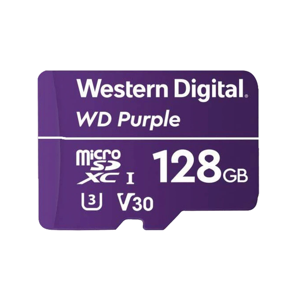 MEMORIA MICROSD DE 128 GB PURPLE, ESPECIALIZADA PARA VIDEOVIGILANCIA, 3 VECES MAYOR DURACIÓN QUE UNA CONVENCIONAL-Almacenamiento-WESTERN DIGITAL (WD)-Bsai Seguridad & Controles
