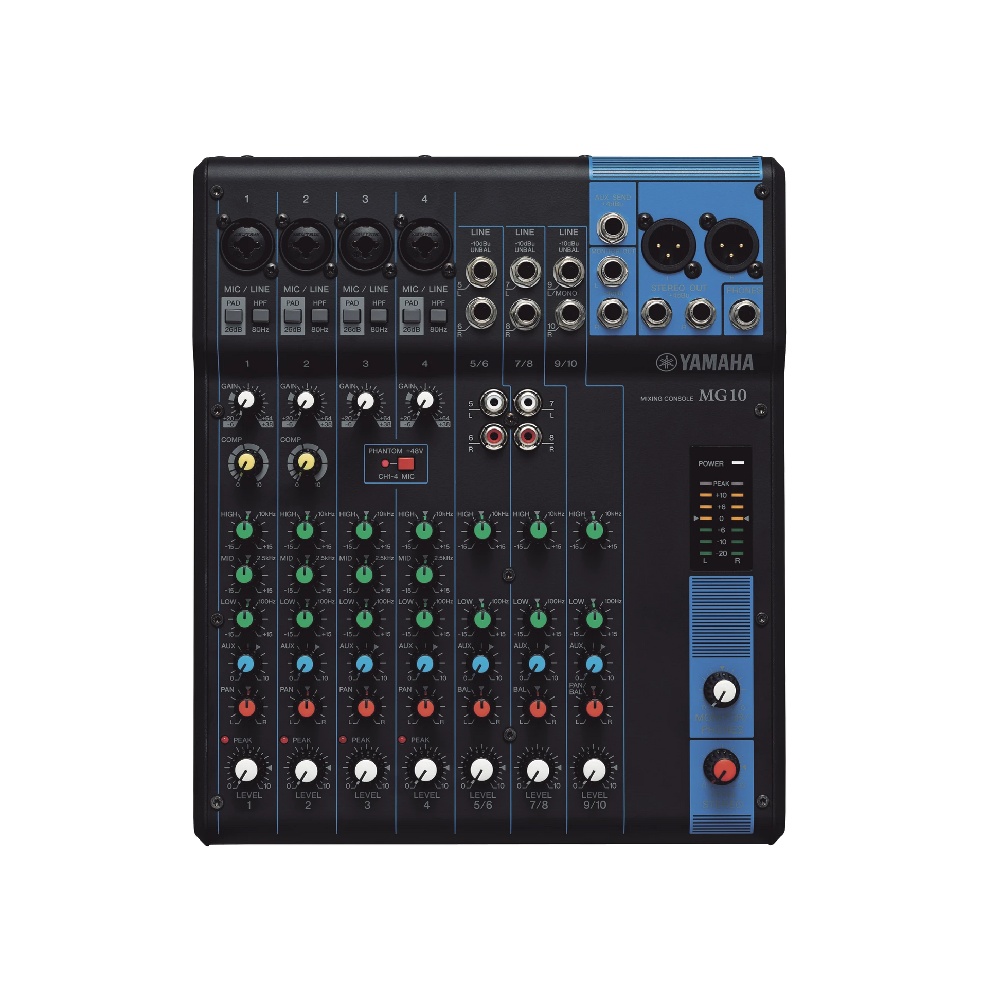 MEZCLADORA DE AUDIO | 10 CANALES | 4 ENTRADAS DE MICRÓFONO | 3 ENTRADAS DE LÍNEA ESTÉREO | PHANTOM POWER-YAMAHA-Bsai Seguridad & Controles