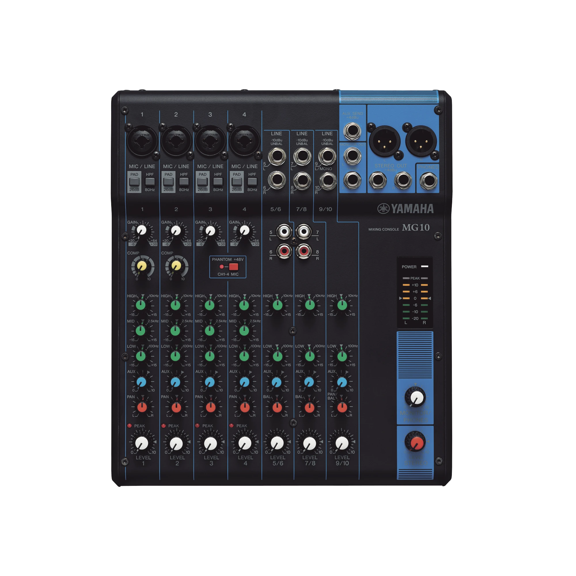 MEZCLADORA DE AUDIO | 10 CANALES | 4 ENTRADAS DE MICRÓFONO | 3 ENTRADAS DE LÍNEA ESTÉREO | PHANTOM POWER-YAMAHA-Bsai Seguridad & Controles