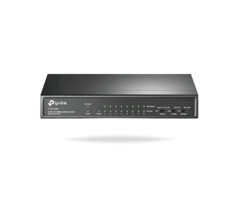 TP-LINK TL-SF1009P - SWITCH POE NO ADMINISTRABLE/ 9 PUERTOS FAST ETHERNET/ 8 PUERTOS POE AF & AT/ PRESUPUESTO POE DE HASTA 65W/ MODO EXTENDIDO HASTA 250M DE CONEXIÓN-Switches POE-TP-LINK-Bsai Seguridad & Controles