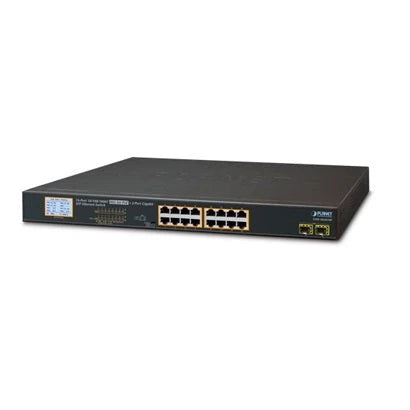 SWITCH NO ADMINISTRABLE PLANET GSW-1820VHP / 16 PUERTOS RJ45 10/100/1000 MBPS / POE 802.3AT/AF / 2 PUERTOS SFP 1000 MBPS / RECINTO DE METAL / MONTAJE EN RACK / 300W DE CONSUMO / MONITOR LCD (ESTADISTICAS).-Switches-PLANET-Bsai Seguridad & Controles