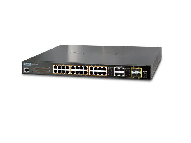 SWITCH ADMINISTRABLE PLANET GS-4210-24PL4C / 28 PUERTOS RJ45 10/100/1000 MBPS / 4 PUERTOS SFP 100/1000 MBPS / 24 PUERTOS CON INYECTOR POE 802.3AT/AF / 1 PUERTO SERIE RS-232 A RJ45 / RECINTO DE METAL / 3 VENTILADORES / VLAN / 520 WATTS / MONTAJE EN RACK.-Switches-PLANET-Bsai Seguridad & Controles