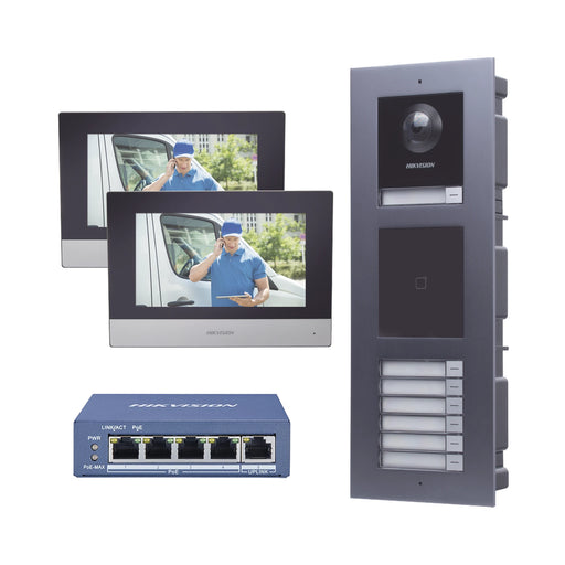 KIT DE VIDEOPORTERO IP PARA 7 DEPARTAMENTOS CON LLAMADA A APP DE SMARTPHONE Y LECTOR DE TARJETAS EM / 2DA GENERACIÓN (MODULAR) / MONTAJE PARA EMPOTRAR INCLUIDO-VoIP - Telefonía IP - Videoconferencia-HIKVISION-Bsai Seguridad & Controles