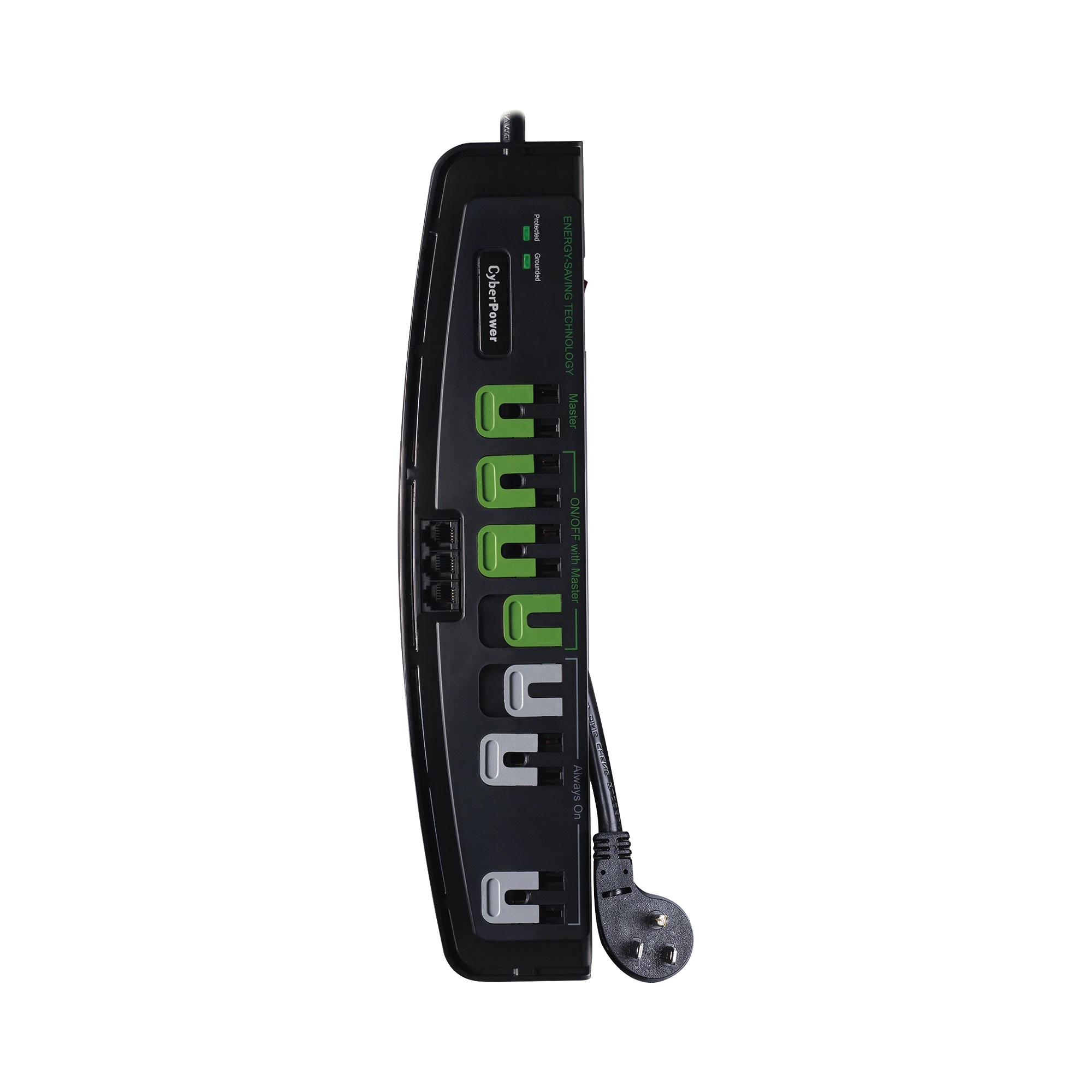 MULTICONTACTO CON SUPRESOR DE PICOS, VOLTAJE DE ENTRADA 125 VCA NEMA 5-15P, CON 7 SALIDAS NEMA 5-15R, 2250 JOULES, PROTECCIÓN RJ11-Protección Contra Descargas-CYBERPOWER-Bsai Seguridad & Controles