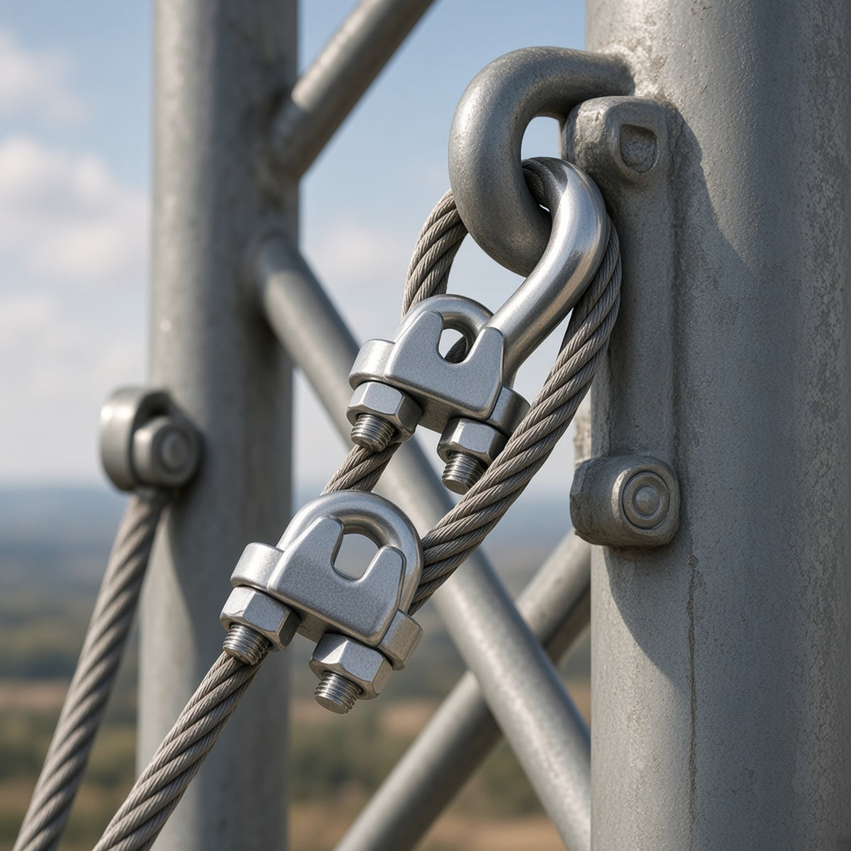 ABRAZADERA DE CABLE / ACERO INOXIDABLE / 3/16" / TORRE ATIRANTADA / CARGA PESADA / SUSPENSIÓN ESTRUCTURAL [NUDO-316-FJSS] instalado