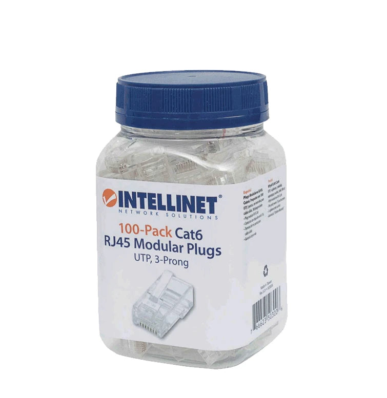 INTELLINET 503006 - PLUG RJ45 CAT6 SOLIDO UTP / BOTE 100 PIEZAS / ORO 15-MICRAS-Jacks y Plugs-INTELLINET-Bsai Seguridad & Controles