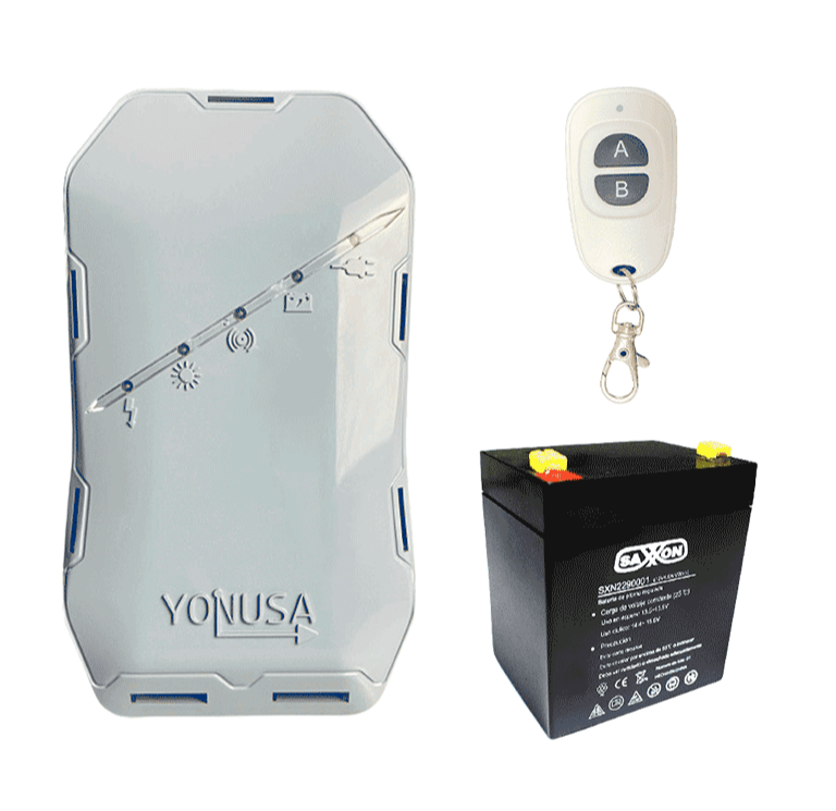 YONUSA EYHS1BAT ENERGIZADOR DE NUEVA GENERACIÓN PARA SOLUCIÓN DE CERCO ELÉCTRICO. CUBRE 500 METROS LINEALES O 100 METROS EN 5 LÍNEAS Y BATERÍA DE RESPALDO DE 12VDC A 4.5 AH #BFLASH-Energizadores-YONUSA-Bsai Seguridad & Controles
