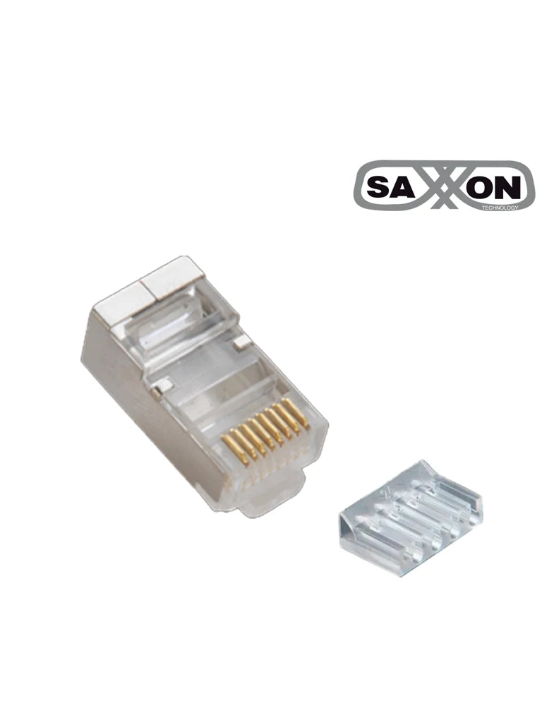 SAXXON S901E - CONECTOR PLUG RJ45 PARA CABLE UTP CON GUÍA / CAT 6 / BLINDADO / PAQUETE 100 PIEZAS-Jacks y Plugs-SAXXON-Bsai Seguridad & Controles