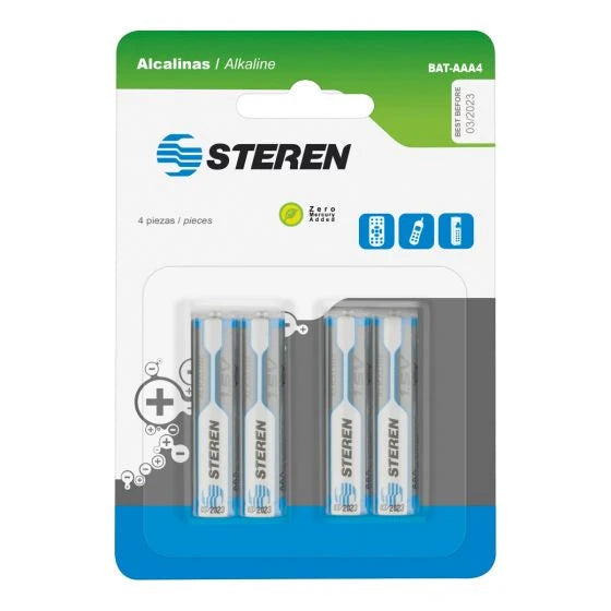 PAQUETE DE 4 BATERÍAS ALCALINAS AAA DE 1,5 VOLTS STEREN BAT-AAA4-Baterías-STEREN-Bsai Seguridad & Controles