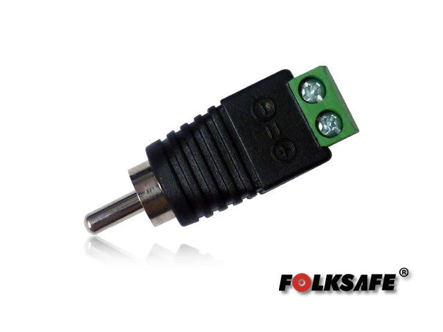 CONECTOR AUDIO RCA MACHO FS-RCA1 FOLKSAFE TIPO JACK , CON BLOQUE POLARIZADO(+/-) PARA ATORNILLAR CABLE DE AUDIO O UTP, RECOMENDADO PARA AUDIO EN CÁMARAS CCTV A 2 HILOS, MEDIDAS DEL CONECTOR 40 X 12 MM-Accesorios Videovigilancia-FOLKSAFE-Bsai Seguridad & Controles