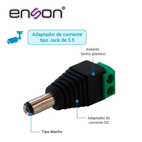 KIT 10 CONECTORES DE CORRIENTE MACHO 10X ENS-MC01 ENSON, TIPO JACK 3.5 MM PARA ALIMENTAR CAMARAS CCTV O REALIZAR EMPALME DE CABLEADO, CON BLOQUE POLARIZADO(+/-) PARA ATORNILLAR CABLE DE CORRIENTE O UTP, MEDIDAS DEL CONECTOR 2.1 X 5.5 MM-Fuentes de Alimentación-ENSON-Bsai Seguridad & Controles