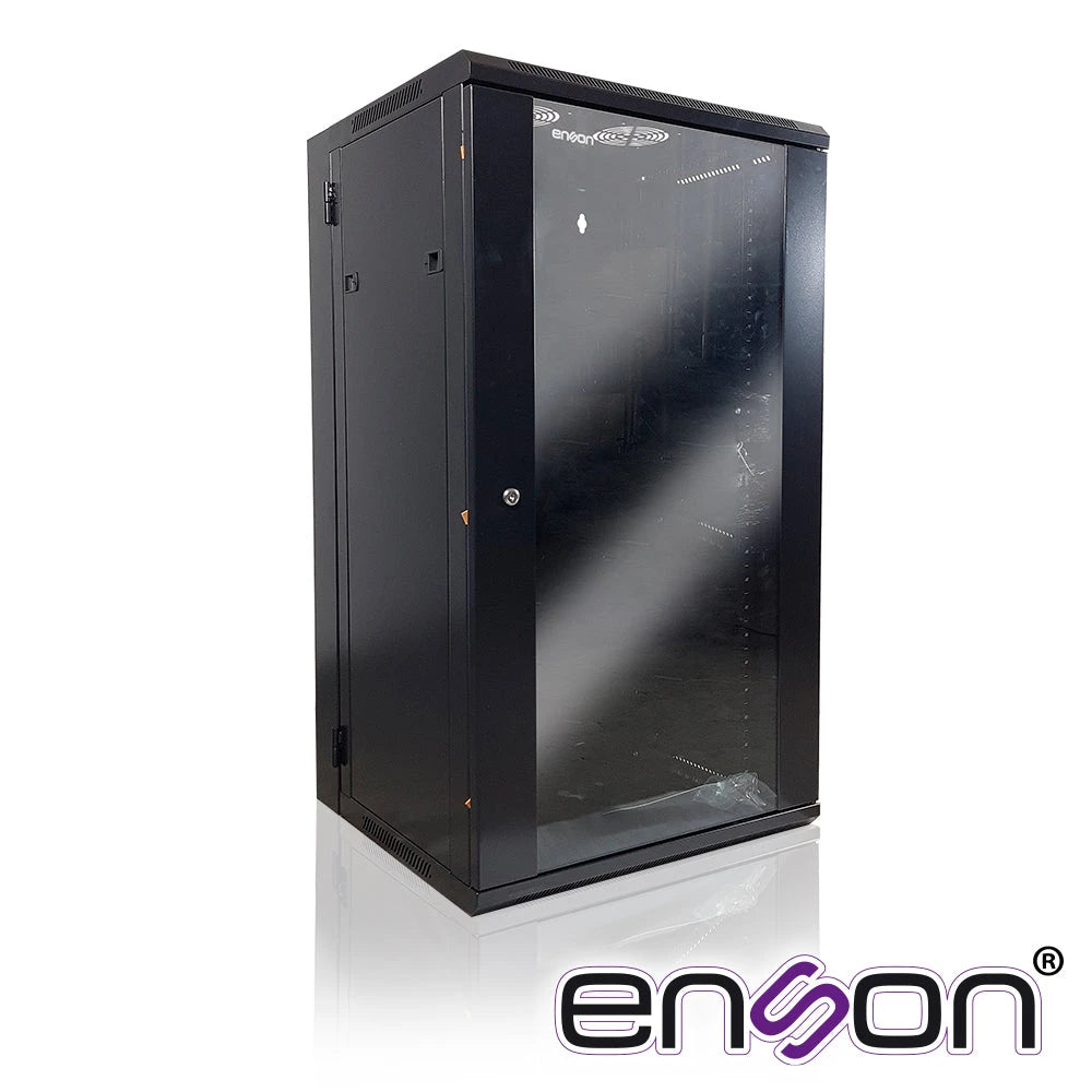 GABINETE DE PISO/PARED ENSON ENS-RKGU22PRO 22U PUERTA FRONTAL DE CRISTAL TEMPLADO CON CERRADURA DE SEGURIDAD PUERTA TRASERA ABATIBLE RANURAS DE VENTILACION EN LA PARTE SUPERIOR PARA 2 VENTILADORES DE 11 CM DIMENSIONES 550X600X1055MM-Racks y Gabinetes-ENSON-Bsai Seguridad & Controles