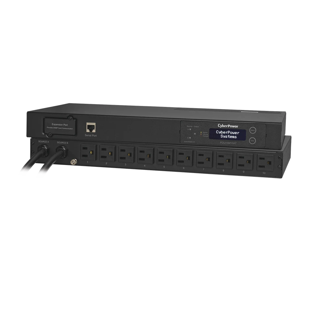 PDU PARA DISTRIBUCIÓN DE ENERGÍA MEDIBLE CON ATS SWITCH DE FUENTE AUTOTRANSFERIBLE Y PANTALLA LCD, 8 TOMAS NEMA 5-15R TRASERAS Y 2 CLAVIJAS NEMA 5-15P-Pdu-CYBERPOWER-Bsai Seguridad & Controles