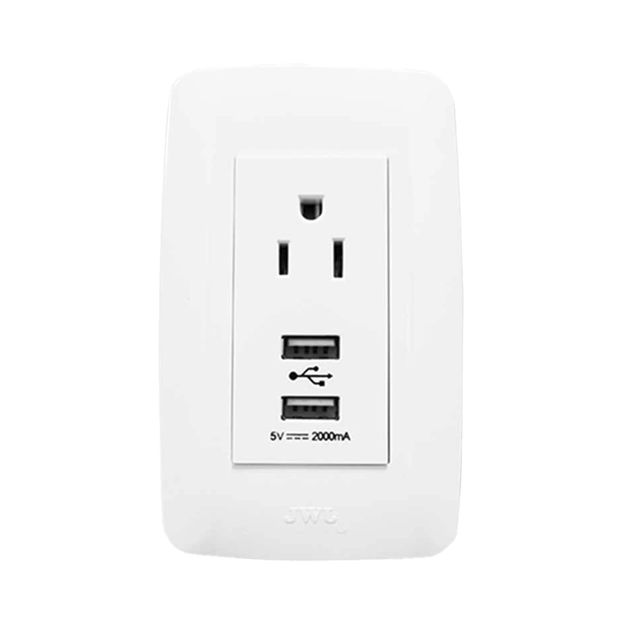 PLACA CON TOMA DE CORRIENTE 2P Y T Y CONECTOR USB TIPO HEMBRA / 15 A 127 V 60 HZ + DC 5V / 2A.-Iluminación-JWJ-Bsai Seguridad & Controles