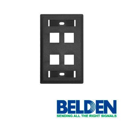 PLACA DE PARED (FACEPLATE) BELDEN AX104163 4 PUERTOS COMPATIBLE CON JACKS ESTILO KEYCONNECT UNIVERSAL CAT6A CAT6 CAT5E CONECTORES DE FIBRA OPTICA Y COAXIALES COLOR NEGRO USO INTERIOR MATERIAL PLASTICO UL94V INCLUYE TORNILLO 6-32 ETIQUETA DE CARTON VEN...-Faceplates-BELDEN-Bsai Seguridad & Controles