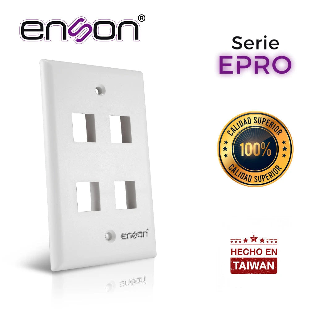 PLACA DE PARED (FACEPLATE) ENSON EPRO-FP40 COMPATIBLE CON JACK KEYSTONE 4 PUERTOS COLOR BLANCO, USO EN INTERIOR, IDEAL PARA CONECTORES RJ45, COAXIAL, FIBRA OPTICA, FABRICADO EN PLASTICO ABS-Faceplates-ENSON-Bsai Seguridad & Controles