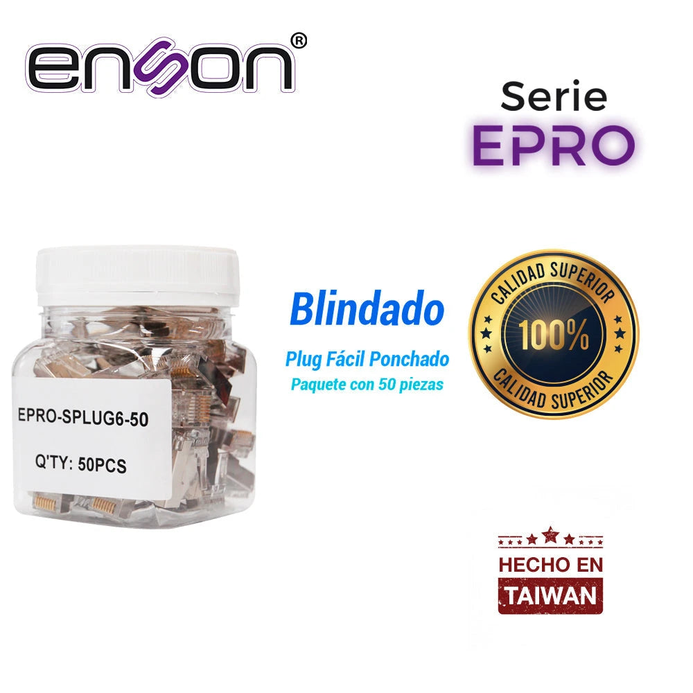 PLUG FACIL PONCHADO BLINDADO ENSON EPRO-SPLUG6-50 BOTE DE 50 PZS PARA CABLE UTP CAT6 CON SISTEMA DE PASO DE CABLES PASSTRU QUE FACILITA EL PONCHADO DE CABLE UTP YA QUE SE PUEDE IDENTIFICAR ERRORES DE MANERA MAS FACIL, REQUIERE USO DE PINZAS EPRO-PLUGTOOL-Adaptadores-ENSON-Bsai Seguridad & Controles