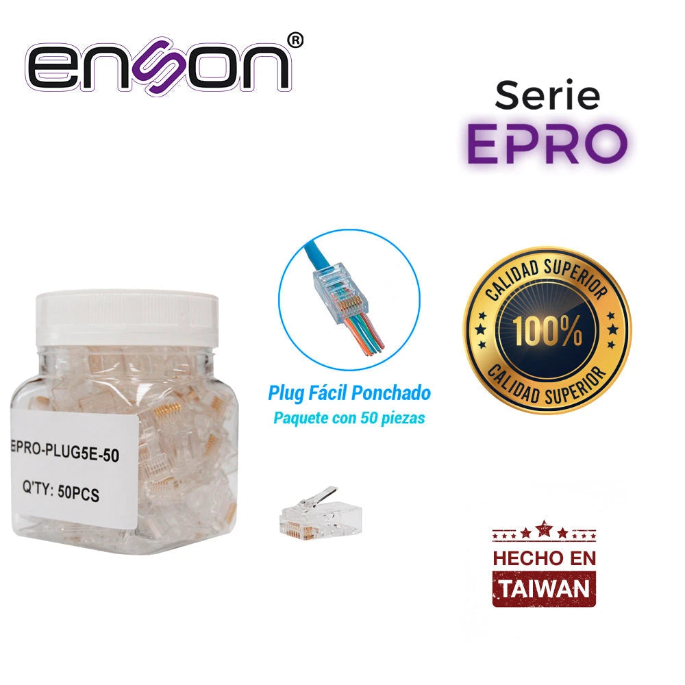 PLUG FACIL PONCHADO ENSON EPRO-PLUG5E-50 BOTE DE 50 PZS PARA CABLE UTP CAT5E CON SISTEMA DE PASO DE CABLES PASSTRU QUE FACILITA EL PONCHADO DE CABLE UTP YA QUE SE PUEDE IDENTIFICAR ERRORES DE MANERA MAS FACIL, REQUIERE USO DE PINZAS EPRO-PLUGTOOL-Adaptadores-ENSON-Bsai Seguridad & Controles