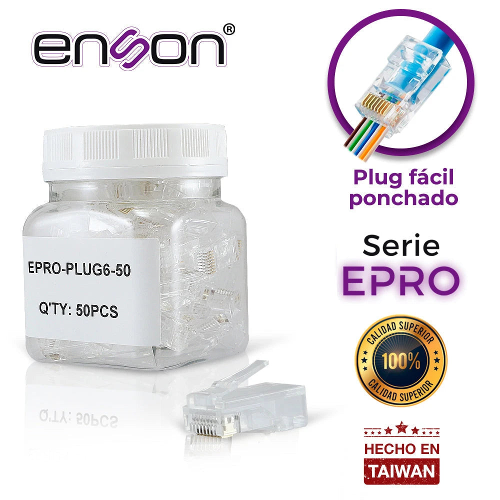 PLUG FACIL PONCHADO ENSON EPRO-PLUG6-50 BOTE DE 50 PZS PARA CABLE UTP CAT6 CON SISTEMA DE PASO DE CABLES PASSTRU QUE FACILITA EL PONCHADO DE CABLE UTP YA QUE SE PUEDE IDENTIFICAR ERRORES DE MANERA MAS FACIL, REQUIERE USO DE PINZAS EPRO-PLUGTOOL-Adaptadores-ENSON-Bsai Seguridad & Controles