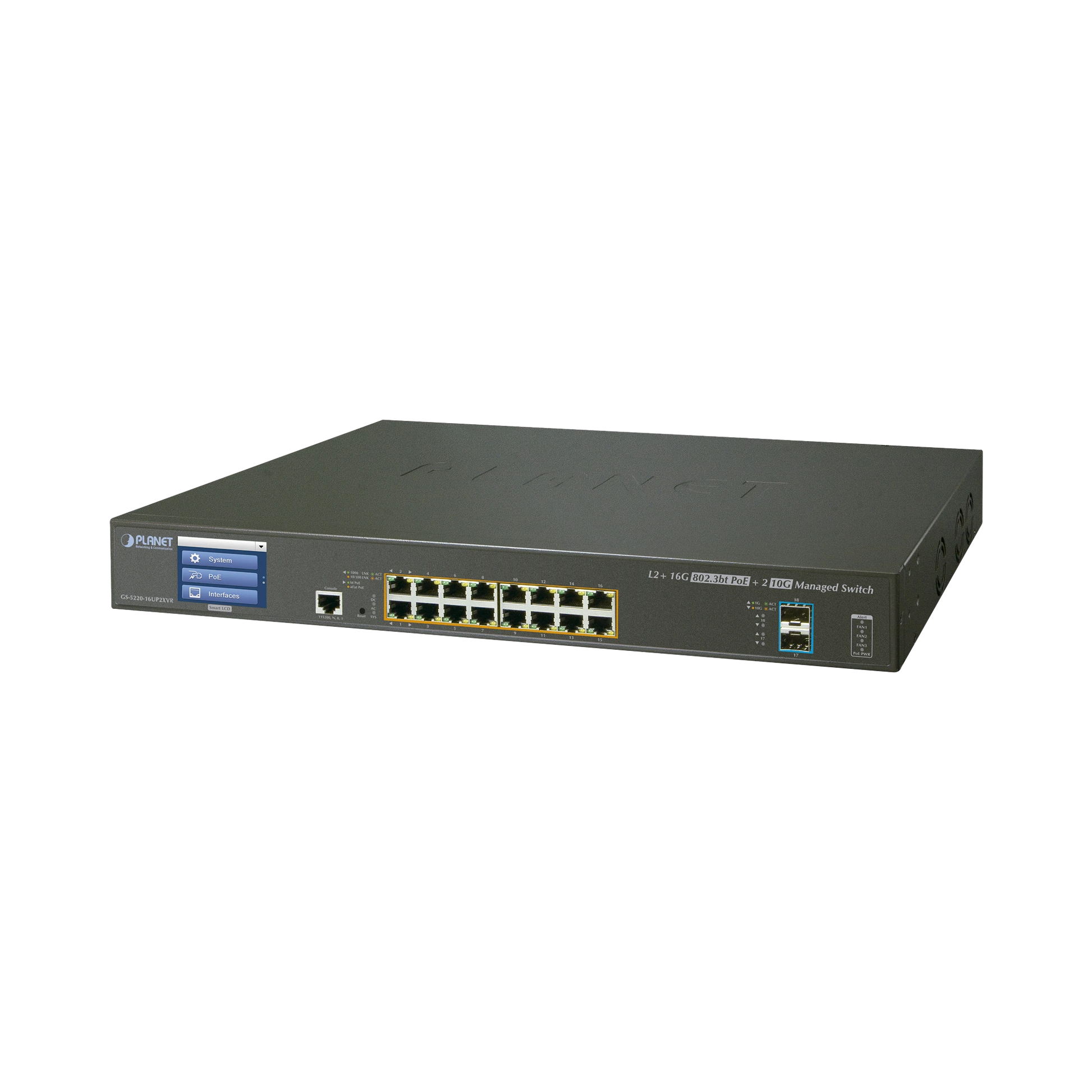 SWITCH ADMINISTRABLE L3 16 PUERTOS GIGABIT C/POE 802.3BT, 2 PUERTOS 10G SFP+ CON PANTALLA TACTIL (400W)-PoE de Largo Alcance-PLANET-Bsai Seguridad & Controles