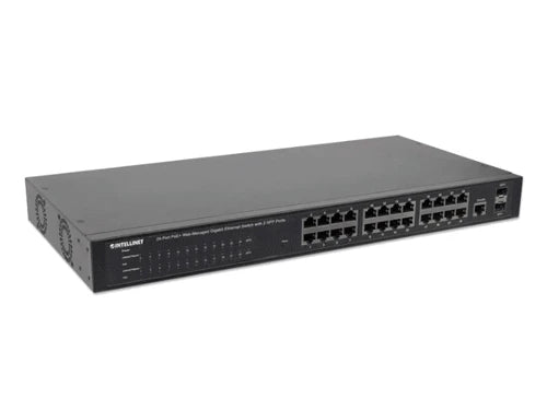 INTELLINET 560559 - SWITCH ADMINISTRABLE POR WEB GIGABIT ETHERNET DE 24 PUERTOS POE+ Y 2 PUERTOS SFP / 24 PUERTOS POE / POWER OVER ETHERNET ESTÁNDARES IEEE 802.3AT/AF (POE+/ POE), 2 PUERTOS SFP, ENDSPAN, PARA MONTAJE EN RACK DE 19"-Switches POE-INTELLINET-Bsai Seguridad & Controles