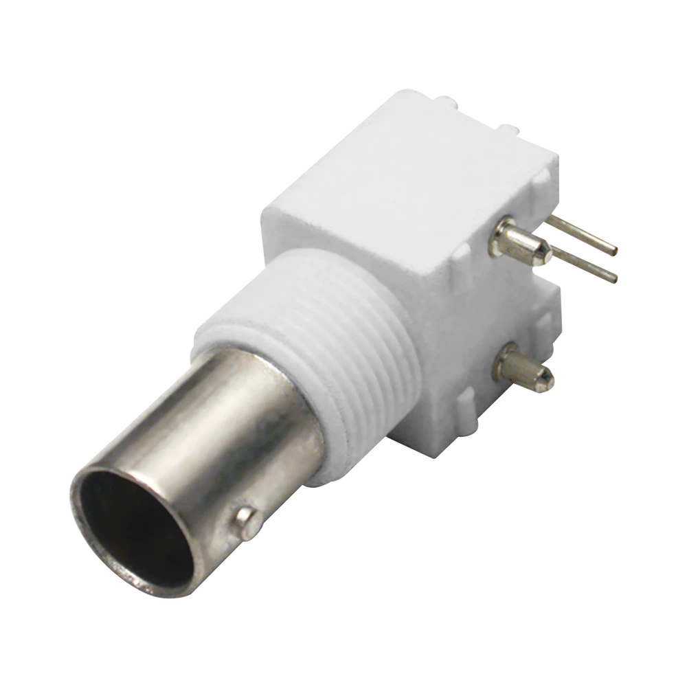 CONECTOR BNC HEMBRA EN ANGULO RECTO PARA PCB, POSTES Y PATAS, CUERPO TERMOPLÁSTICO BLANCO, NÍQUEL/ ORO/ POLIPROPILENO.-Cableado-RF INDUSTRIES,LTD-Bsai Seguridad & Controles