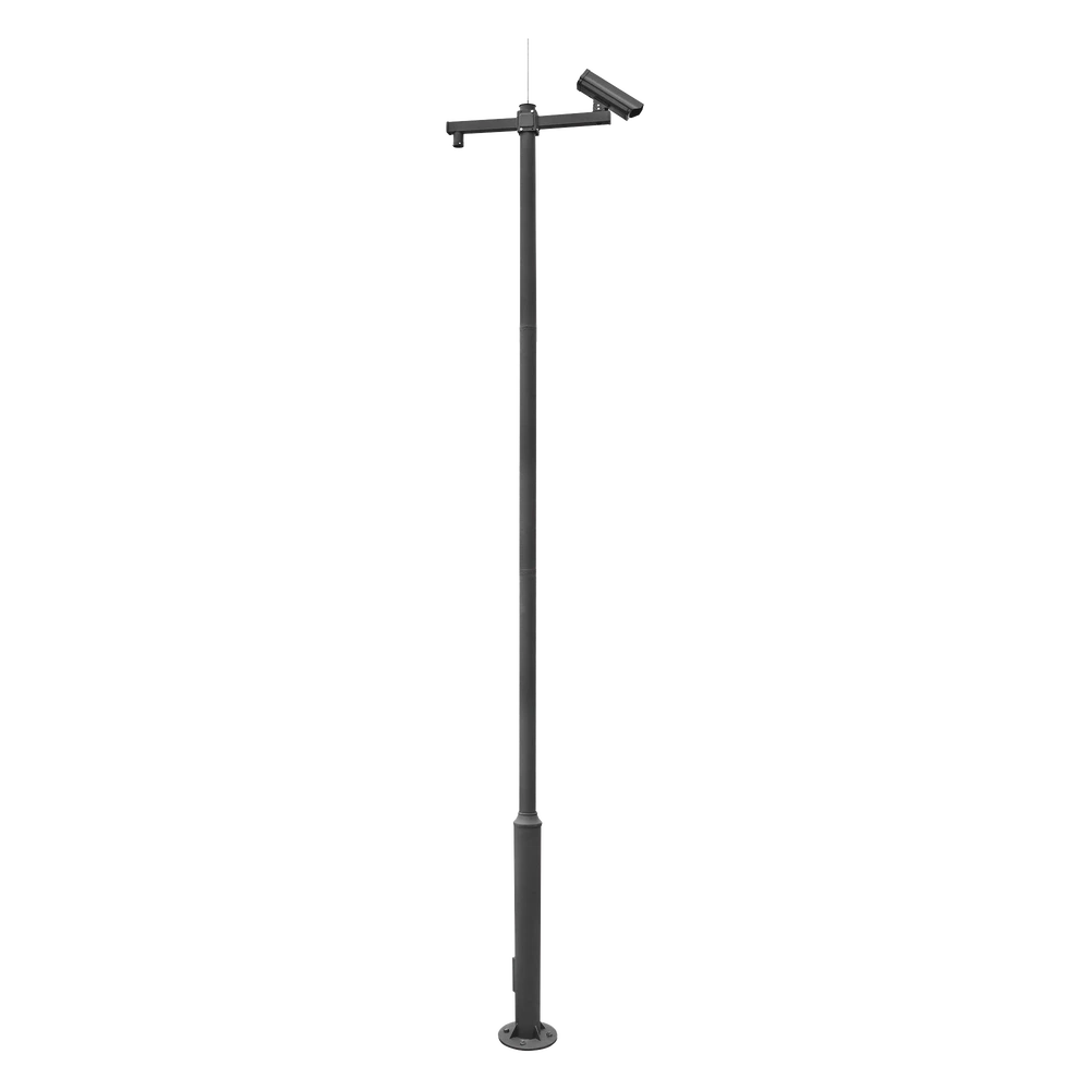 POSTE SECCIONADO DE 6M, ESPECIALIZADO PARA LA INSTALACIÓN DE CCTV, INCLUYE BASE DE CIMENTACIÓN, BRAZO PARA CÁMARA PTZ, TODO EN COLOR NEGRO-Accesorios Videovigilancia-SYSCOM VIDEO-Bsai Seguridad & Controles