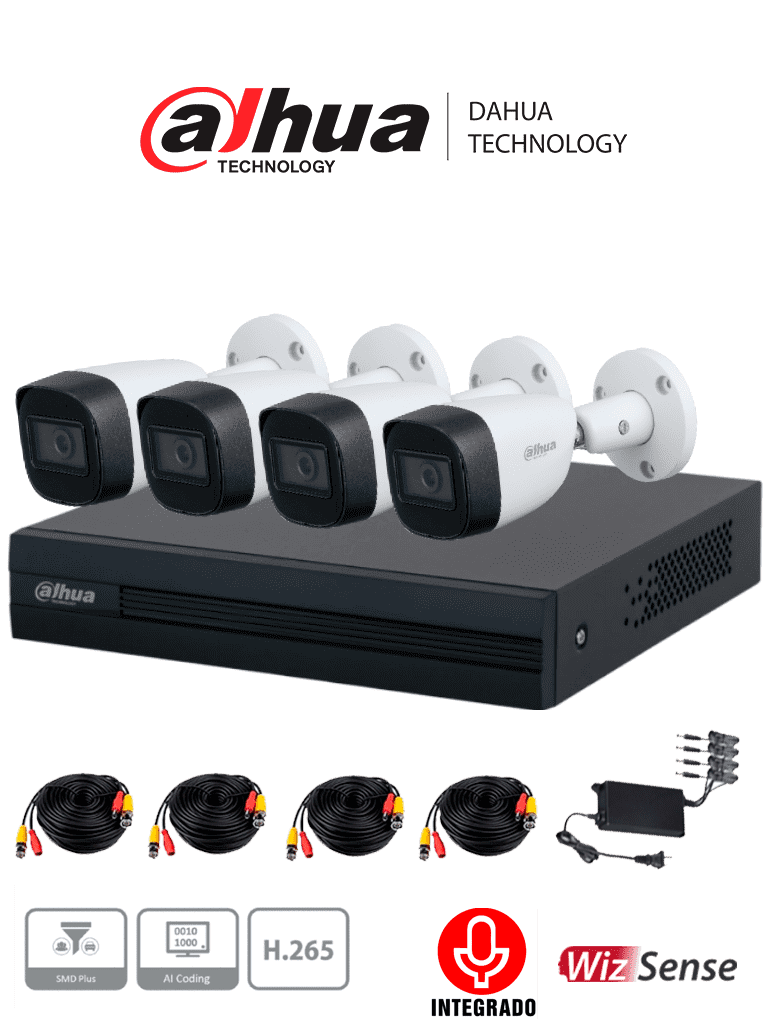 DAHUA KITXVR5104HS4KLI3+4HFW1500CMA- KIT DE 4 CANALES DE 5 MP CON AUDIO/ DVR WIZSENSE CON RECONOCIMIENTO DE ROSTROS/ H.265+/ 4 CAMARAS METALICAS/ 4 CH + 1 IP O HASTA 5 CH IP/ 4 CH SMD PLUS/ BUSQUEDA DE HUMANOS Y VEHICULOS/ ACCESORIOS INCLUIDOS/ #PROMOMAYO-Paquetes 4 Canales-DAHUA-Bsai Seguridad & Controles