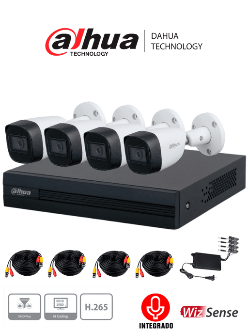 DAHUA KITXVR5104HS4KLI3+4HFW1500CMA- KIT DE 4 CANALES DE 5 MP CON AUDIO/ DVR WIZSENSE CON RECONOCIMIENTO DE ROSTROS/ H.265+/ 4 CAMARAS METALICAS/ 4 CH + 1 IP O HASTA 5 CH IP/ 4 CH SMD PLUS/ BUSQUEDA DE HUMANOS Y VEHICULOS/ ACCESORIOS INCLUIDOS/ #PROMOMAYO-Paquetes 4 Canales-DAHUA-DHT0250013-Bsai Seguridad & Controles