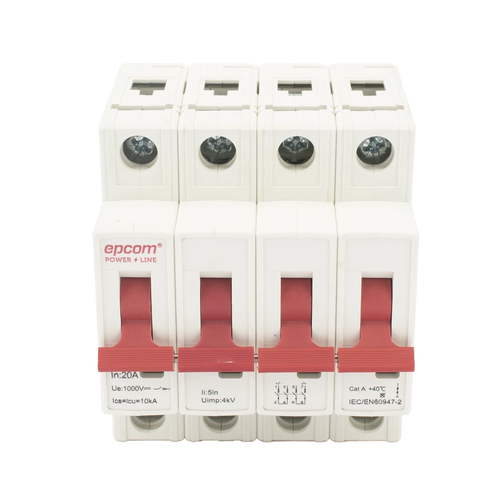 PROTECCIÓN TÉRMICA 4P, 20A, CORRIENTE DIRECTA 1000 VCC PARA APLICACIÓN FOTOVOLTAICA MONTAJE RIEL DIN-EPCOM POWERLINE-Bsai Seguridad & Controles