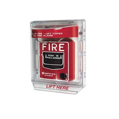 PROTECTOR DE POLICARBONATO SUPER RESISTENTE PARA PALANCA DE INCENDIO, CON SIRENA Y TEXTO EN INGLES-Estaciones Manuales de Emergencia-STI-Bsai Seguridad & Controles