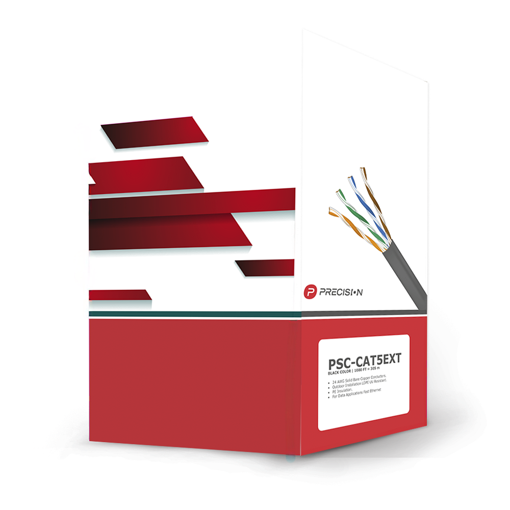 BOBINA DE CABLE DE UTP DE 4 PARES CAT5E DE 305 M (1000 FT), 100% COBRE, LDPE RESISTENTE A RAYOS UV, COLOR NEGRO, 24 AWG, USO EN EXTERIOR, PARA APLICACIONES DE VOZ, DATOS Y VIDEO-Cables y Conectores-PRECISION-Bsai Seguridad & Controles