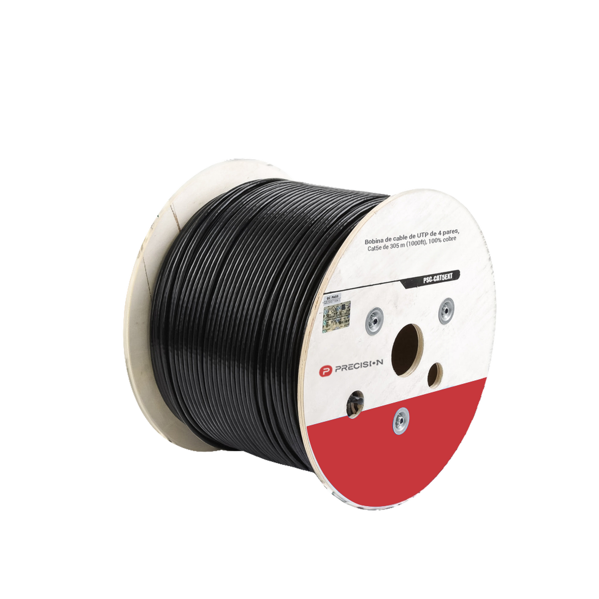 BOBINA DE CABLE DE UTP DE 4 PARES CAT5E DE 305 M (1000 FT), 100% COBRE, LDPE RESISTENTE A RAYOS UV RELLENO DE GEL, COLOR NEGRO, 24 AWG, USO EN EXTERIOR, PARA APLICACIONES DE VOZ, DATOS Y VIDEO-Cables y Conectores-PRECISION-Bsai Seguridad & Controles