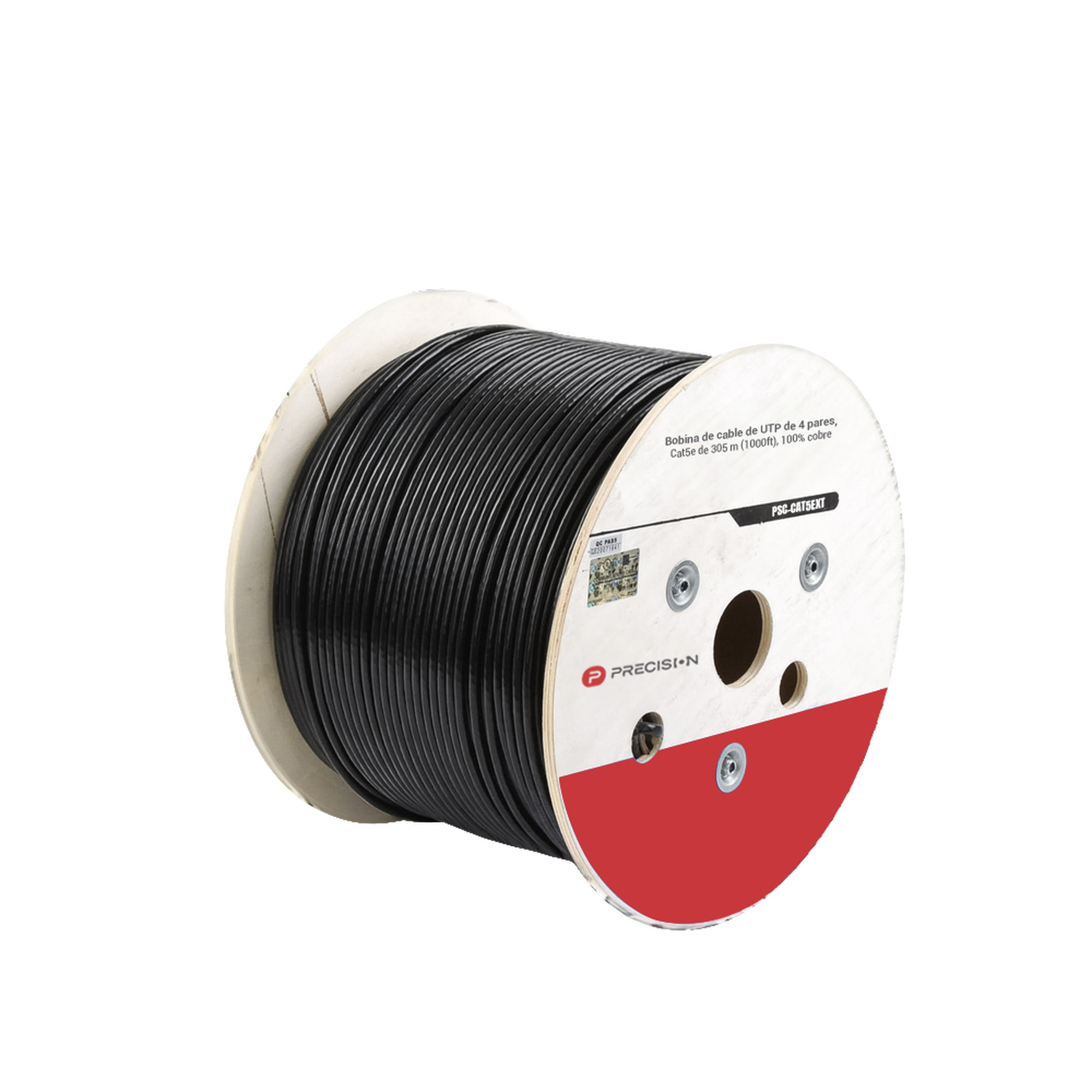 BOBINA DE CABLE DE UTP DE 4 PARES CAT5E DE 305 M (1000 FT), 100% COBRE, LDPE RESISTENTE A RAYOS UV RELLENO DE GEL, COLOR NEGRO, 24 AWG, USO EN EXTERIOR, PARA APLICACIONES DE VOZ, DATOS Y VIDEO-Cables y Conectores-PRECISION-Bsai Seguridad & Controles