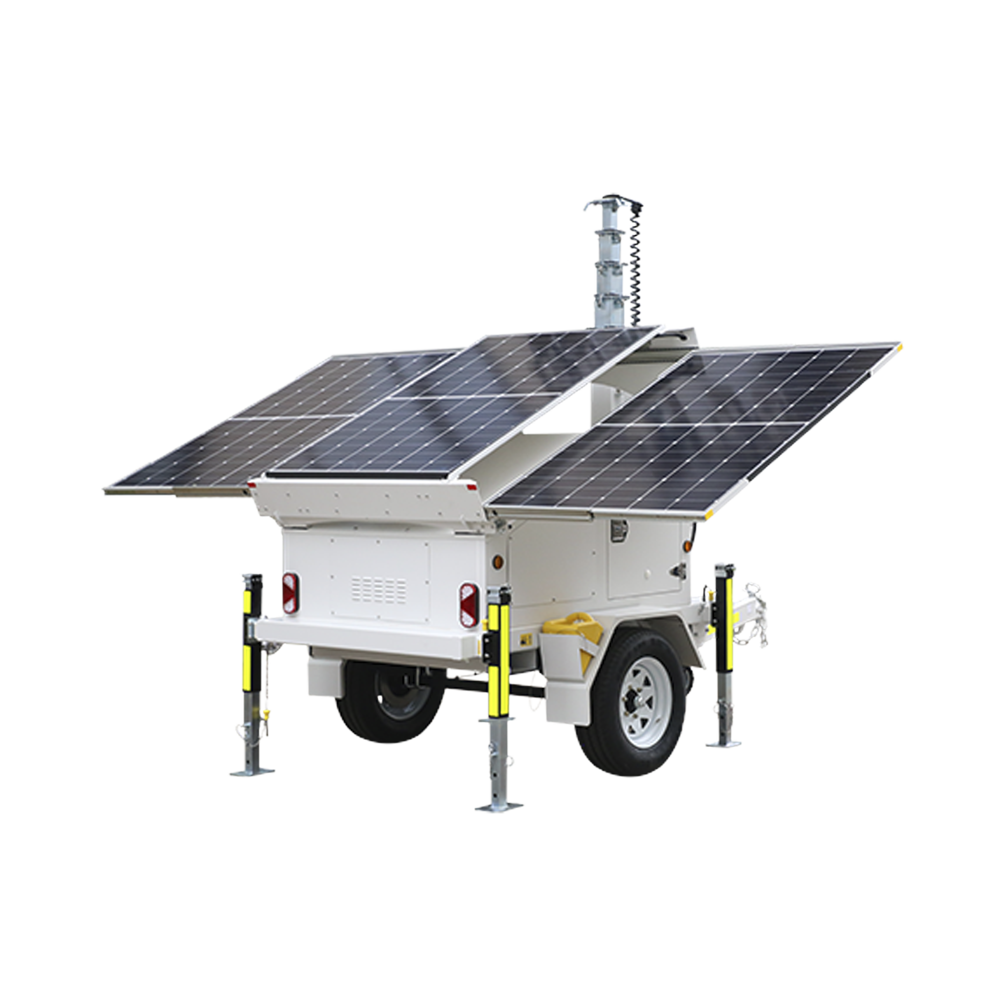 TRAILA / REMOLQUE CON MÁSTIL RETRÁCTIL DE 7.5 M. PARA VIDEOVIGILANCIA O ILUMINACIÓN, CON BASES PARA INSTALAR PANELES SOLARES Y BATERÍAS (NO INCLUIDOS)