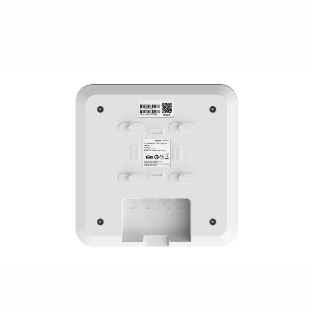 PUNTO DE ACCESO WI-FI6 PARA INTERIOR EN TECHO HASTA 1.7GBPS DOBLE BANDA 802.11AX MU-MIMO 2X2-Redes WiFi-RUIJIE-Bsai Seguridad & Controles