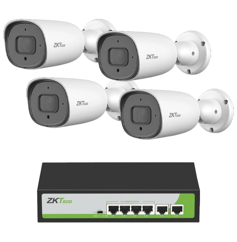 ZKTECO POE4255CPAK - PAQUETE DE 4 CÁMARAS IP BULLET FULL COLOR 5MP BS855P12CS7CMI CON SWITCH POE FAST ETHERNET 4 PUERTOS AF/AT-Switches POE-ZKTECO-Bsai Seguridad & Controles