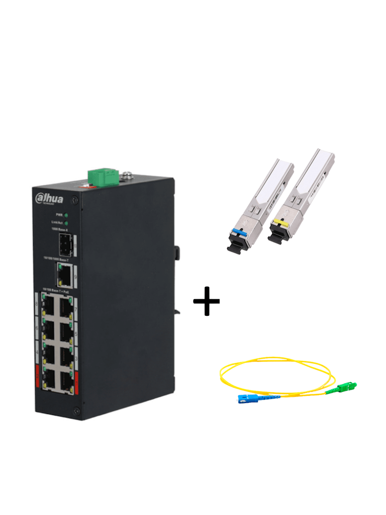 DAHUA PFS3110-8ET-96PAQFIB - PAQUETE DE SWITCH POE 8 PUERTOS RJ45 Y UN PUERTO SFP + PAR DE TRANSCEPTOR FIBRA ÓPTICA SFP MONOMODO PARA 5KM + JUMPER 2 METROS-Switches POE-DAHUA-Bsai Seguridad & Controles