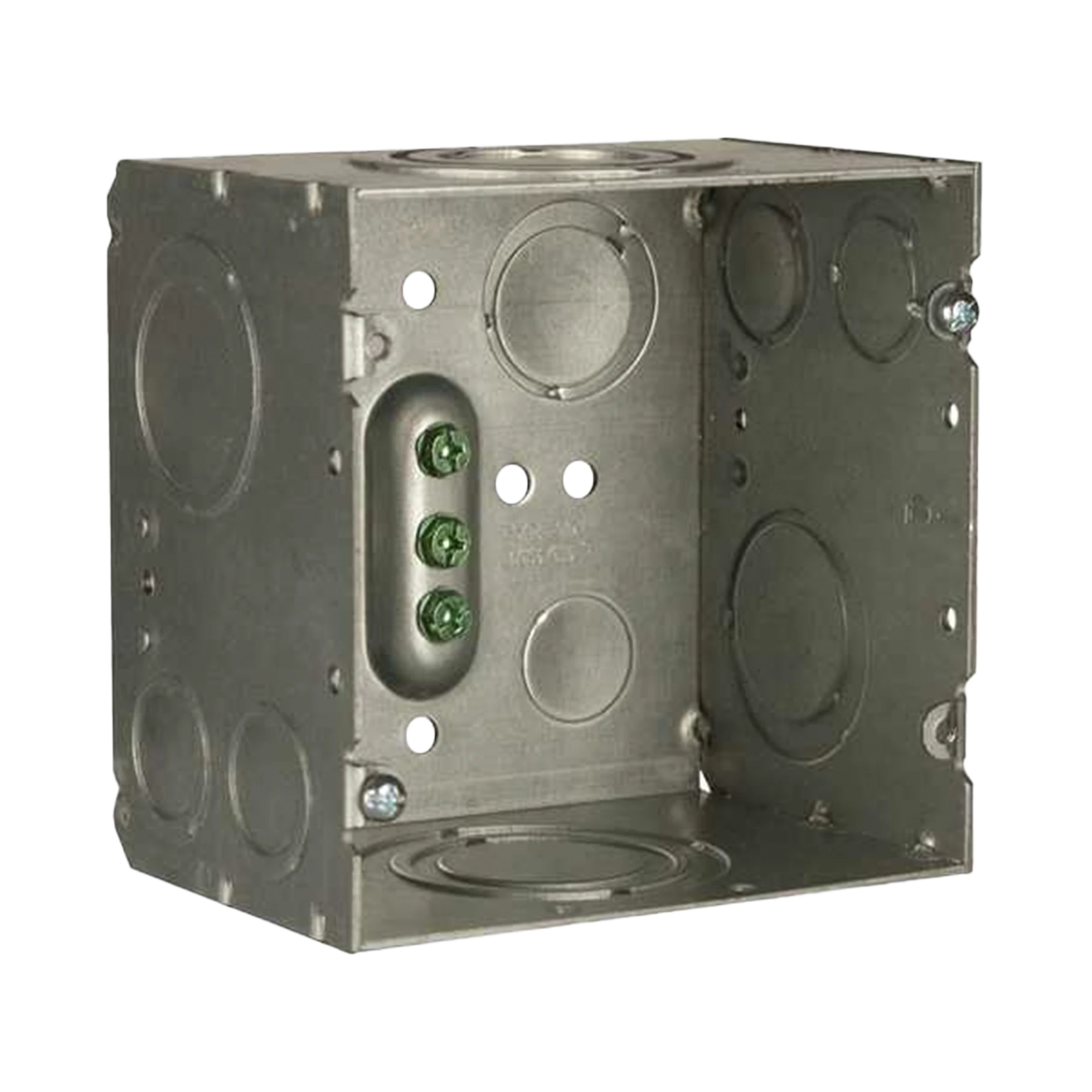 CAJA CUADRADA DE GRAN CAPACIDAD, SOLDADA, DE 4- 11/16 X 3-1/4 DE PROFUNDIDAD. CUENTA CON ENTRADAS PARA TUBERÍA: LATERALES (2) 1/2 - 3/4; (2) 1-1 1/4; (2) 1 - 2, FINALES (2) 3/4 - 1; (2) 1/-Tuberia Metalica-RACO-Bsai Seguridad & Controles