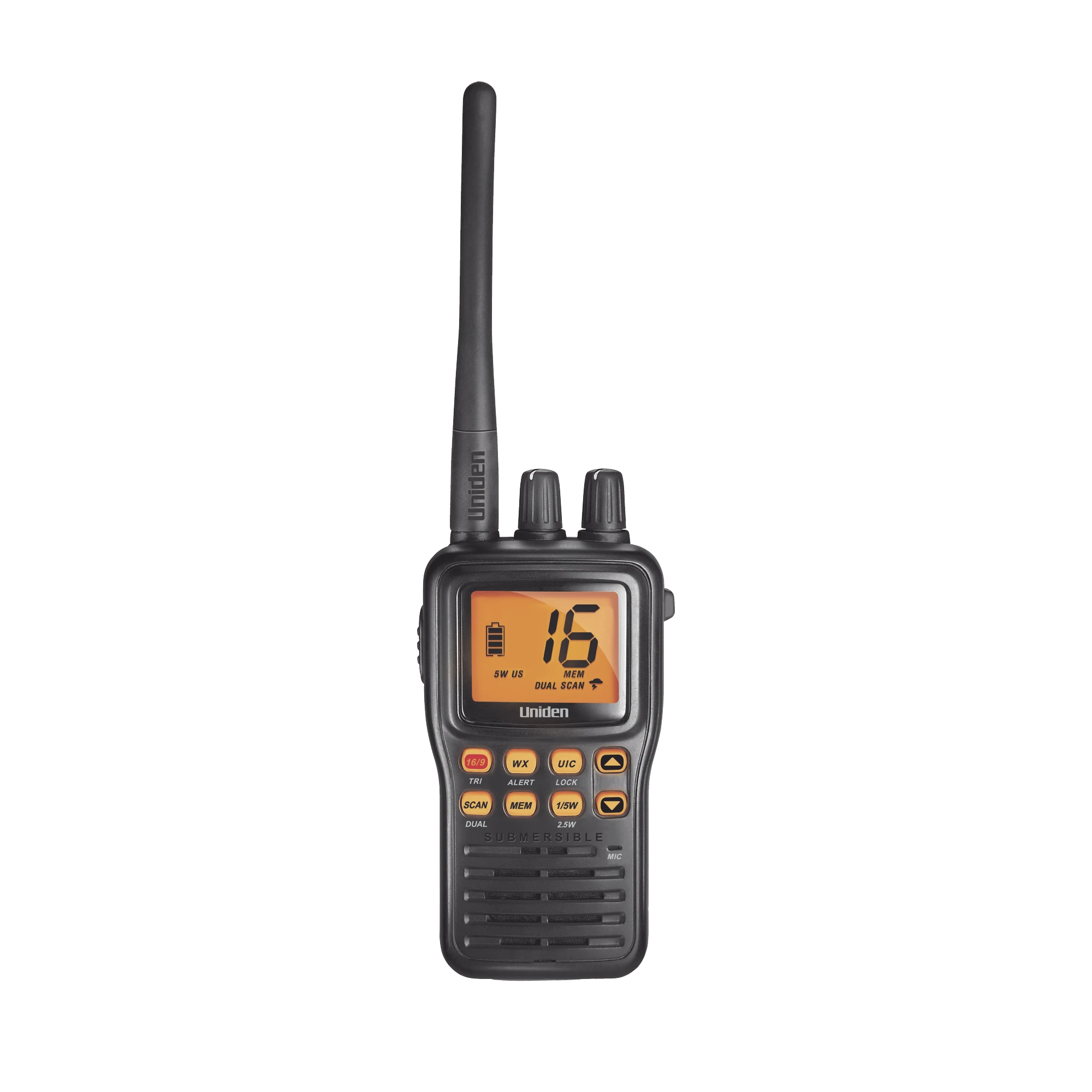 RADIO MARINO PORTÁTIL VHF, FLOTANTE Y SUMERGIBLE, RX: 156.050-163.275MHZ TX: 156.025-157.425MHZ, CUMPLE CON LOS CANALES MARINOS INTERNACIONALES, DE EUA Y CANADÁ-Radios Marinos-UNIDEN-Bsai Seguridad & Controles