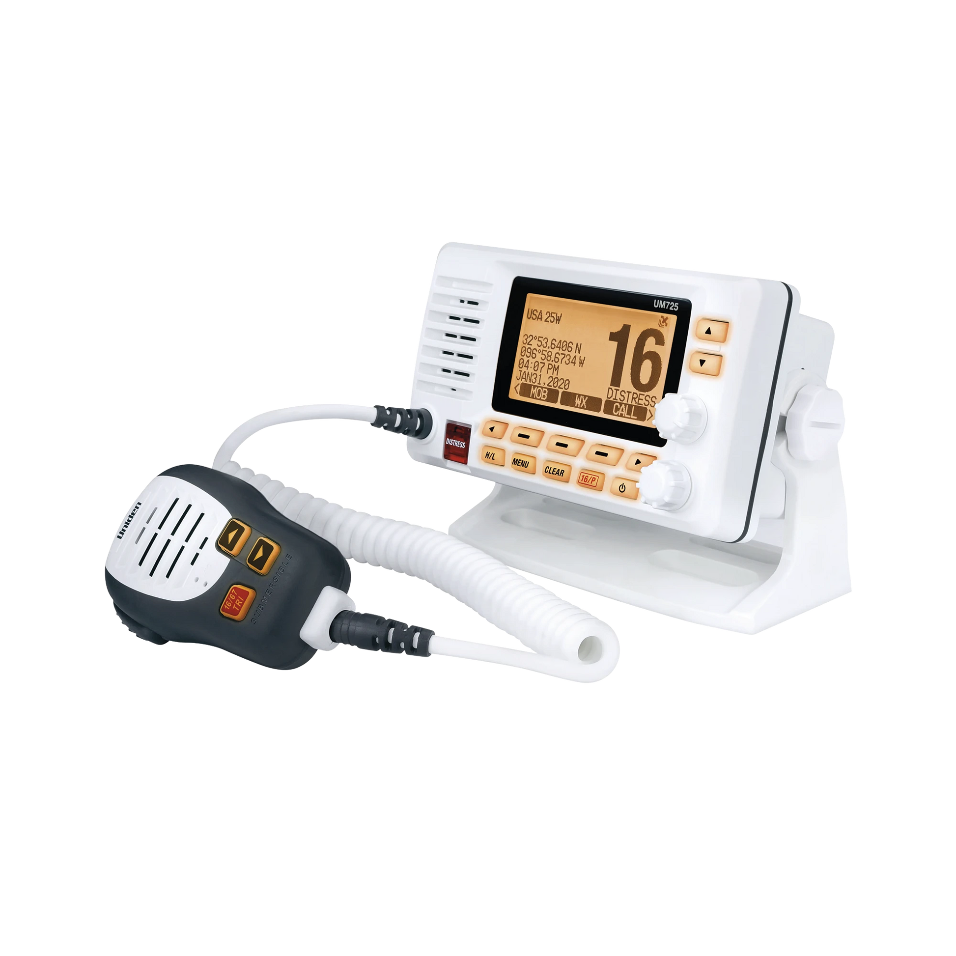 RADIO MÓVIL MARINO VHF, COLOR BLANCO CON RECEPTOR DE GPS INTEGRADO, TX: 156.025 - 157.425 MHZ, RX: 156.050 - 163.275 MHZ, 25W DE POTENCIA, SUMERGIBLE IPX8 INCLUYE MICRÓFONO Y CABLE DE ALIMENTACIÓN-Radios Marinos-UNIDEN-Bsai Seguridad & Controles