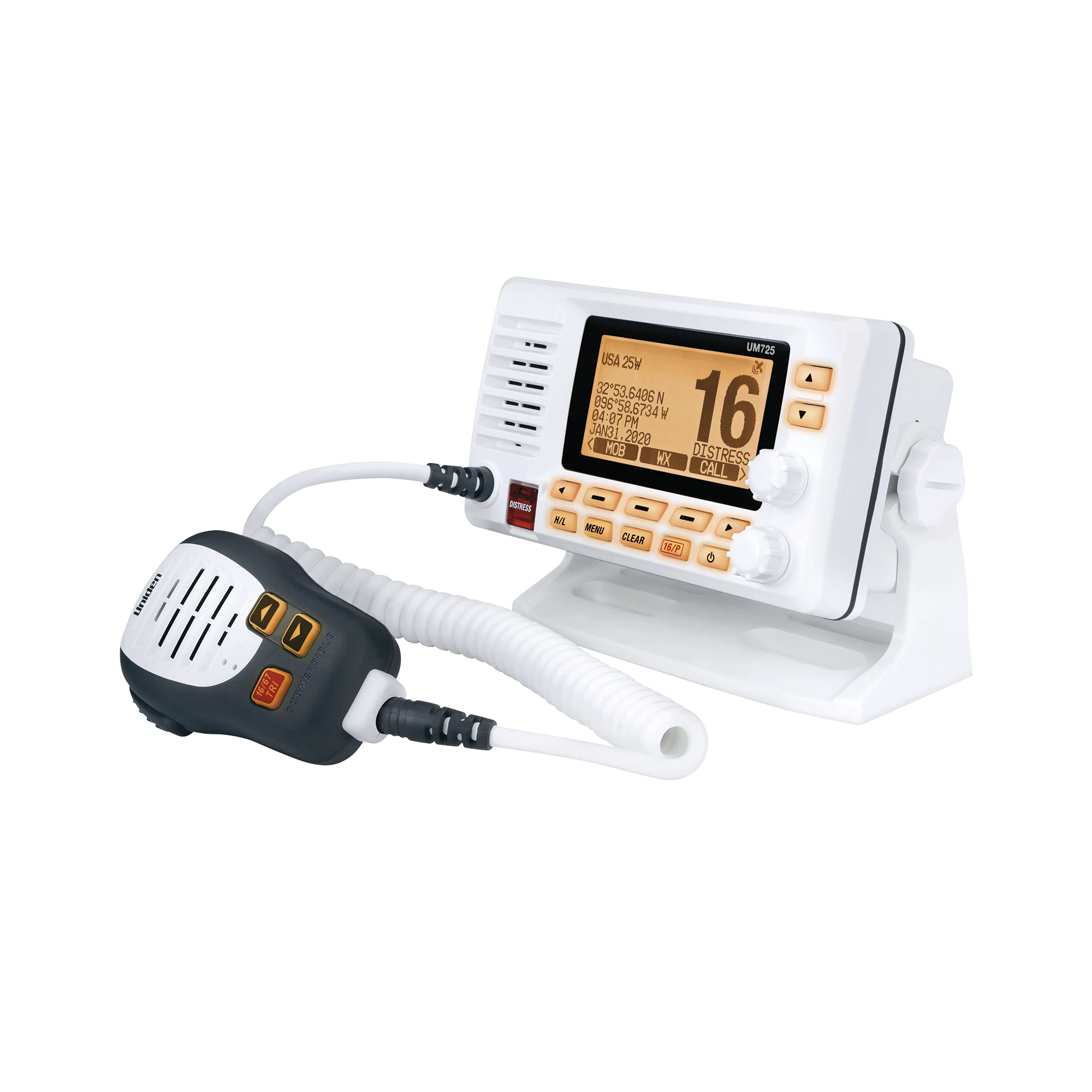 RADIO MÓVIL MARINO VHF, COLOR BLANCO CON RECEPTOR DE GPS INTEGRADO, TX: 156.025 - 157.425 MHZ, RX: 156.050 - 163.275 MHZ, 25W DE POTENCIA, SUMERGIBLE IPX8 INCLUYE MICRÓFONO Y CABLE DE ALIMENTACIÓN-Radios Marinos-UNIDEN-Bsai Seguridad & Controles