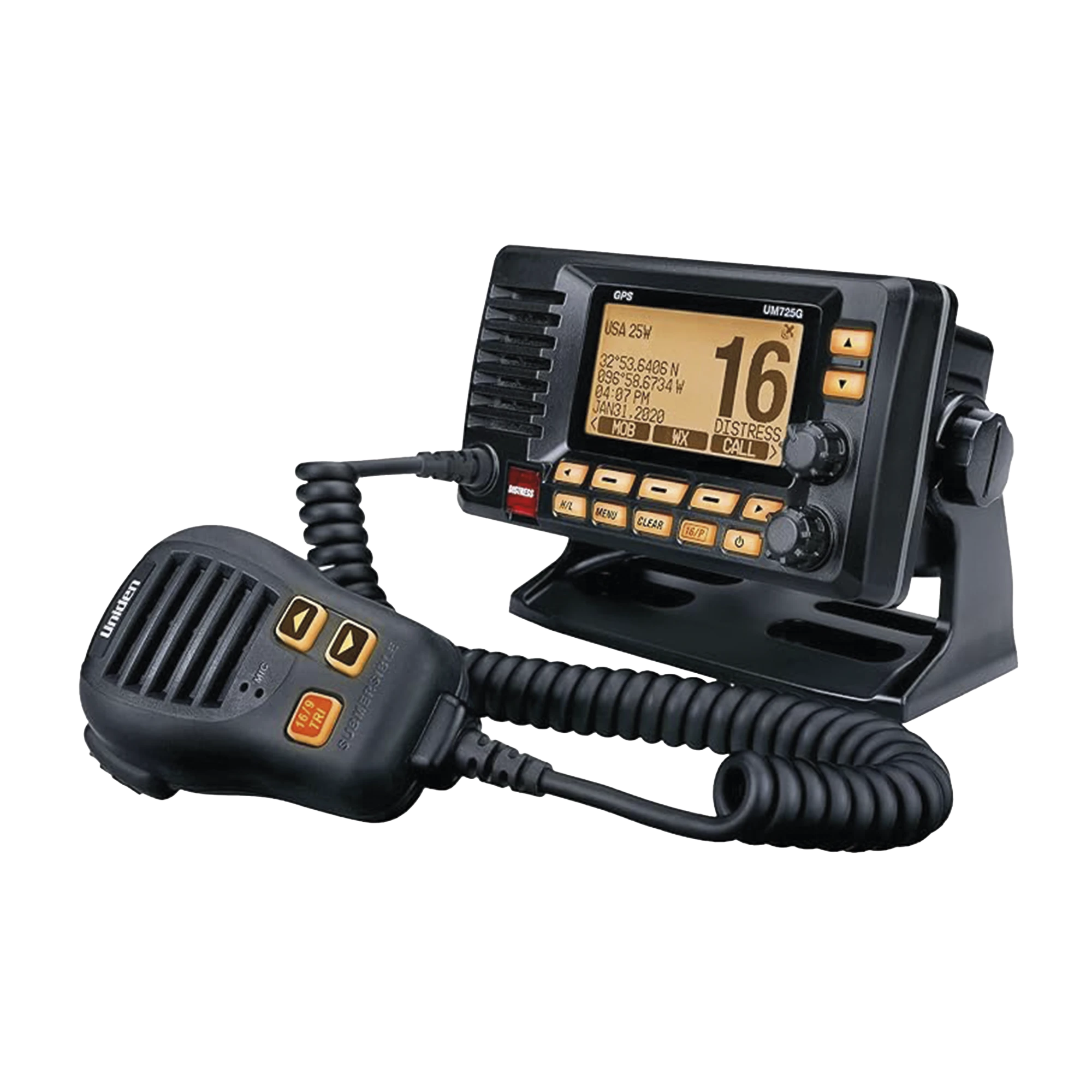 RADIO MÓVIL MARINO VHF, COLOR NEGRO CON RECEPTOR DE GPS INTEGRADO, TX: 156.025 - 157.425 MHZ, RX: 156.050 - 163.275 MHZ, 25W DE POTENCIA, SUMERGIBLE IPX8 INCLUYE MICRÓFONO Y CABLE DE ALIMENTACIÓN-Radios Marinos-UNIDEN-Bsai Seguridad & Controles