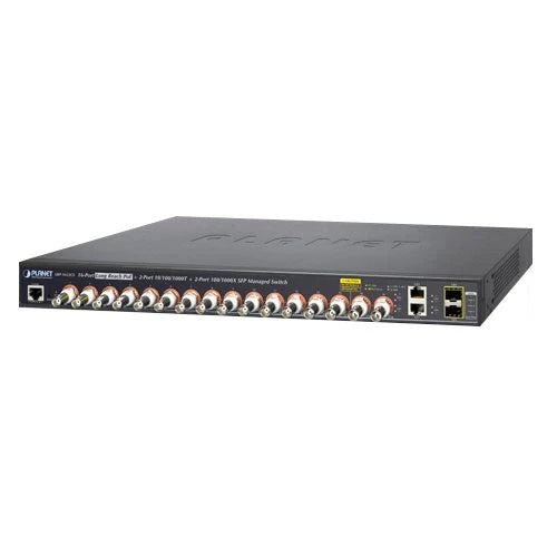 SWITCH POC ADMINISTRABLE / PLANET LRP-1622CS / 2 PUERTOS RJ45 10/100 MBPS / 2 FIBRA ÓPTICA SFP 100/1000 MBPS / 16 CANALES BNC HEMBRA / 440W DE CONSUMO / RECINTO DE METAL-Switches-PLANET-Bsai Seguridad & Controles