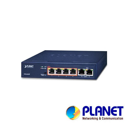 SWITCH NO ADMINISTRABLE PLANET FSD-604HP / 6 PUERTOS RJ45 FAST ETHERNET 10/100 MBPS / 4 PUERTOS CON POE 802.3AF/AT (PUERTOS 1 – 4) / 30W POR PUERTO / DIP SWITCH (DISTANCIA DE 100 Y 250 METROS) / 63 WATTS DE CONSUMO / RECINTO DE METAL.-Switches PoE-PLANET-Bsai Seguridad & Controles