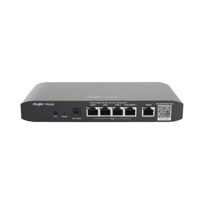 ROUTER BALANCEADOR ADMINISTRABLE CLOUD CON POE+ 54W, 3 PUERTOS LAN GIGABIT, 1 PUERTO WAN GIGABIT Y 1 PUERTO LAN/WAN GIGABIT CONFIGURABLE, HASTA 100 CLIENTES CON DESEMPEÑO DE 600 MBPS ASIMÉTRICOS-Networking-RUIJIE-RG-EG105G-P-V3-Bsai Seguridad & Controles