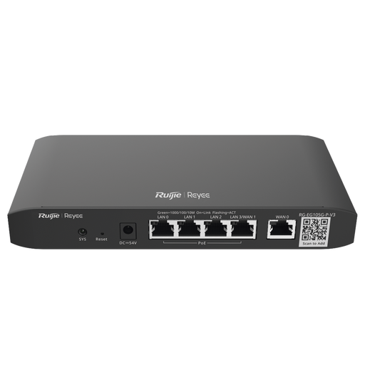 ROUTER BALANCEADOR ADMINISTRABLE CLOUD CON 3 PUERTOS LAN GIGABIT, 1 PUERTO WAN GIGABIT Y 1 PUERTO LAN/WAN GIGABIT CONFIGURABLE, HASTA 100 CLIENTES CON DESEMPEÑO DE 600 MBPS ASIMÉTRICOS-Networking-RUIJIE-RG-EG105G-V3-Bsai Seguridad & Controles