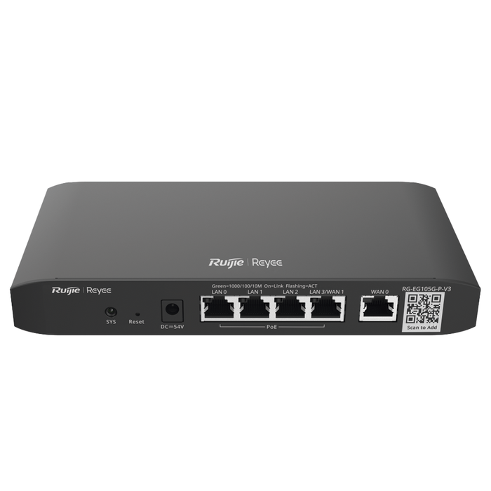 ROUTER BALANCEADOR ADMINISTRABLE CLOUD CON 3 PUERTOS LAN GIGABIT, 1 PUERTO WAN GIGABIT Y 1 PUERTO LAN/WAN GIGABIT CONFIGURABLE, HASTA 100 CLIENTES CON DESEMPEÑO DE 600 MBPS ASIMÉTRICOS-Networking-RUIJIE-RG-EG105G-V3-Bsai Seguridad & Controles