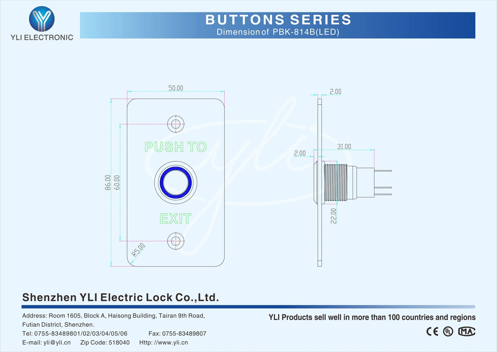 YLI PBK814BLED - BOTON LIBERADOR DE PUERTA DE ACERO INOXIDABLE CON LUZ LED AZUL / SALIDAS NO Y NC REQUIERE CAJA DE INSTALACION CLAVE 76017-Tarjetas y Botones-YLI ELECTRONIC-Bsai Seguridad & Controles