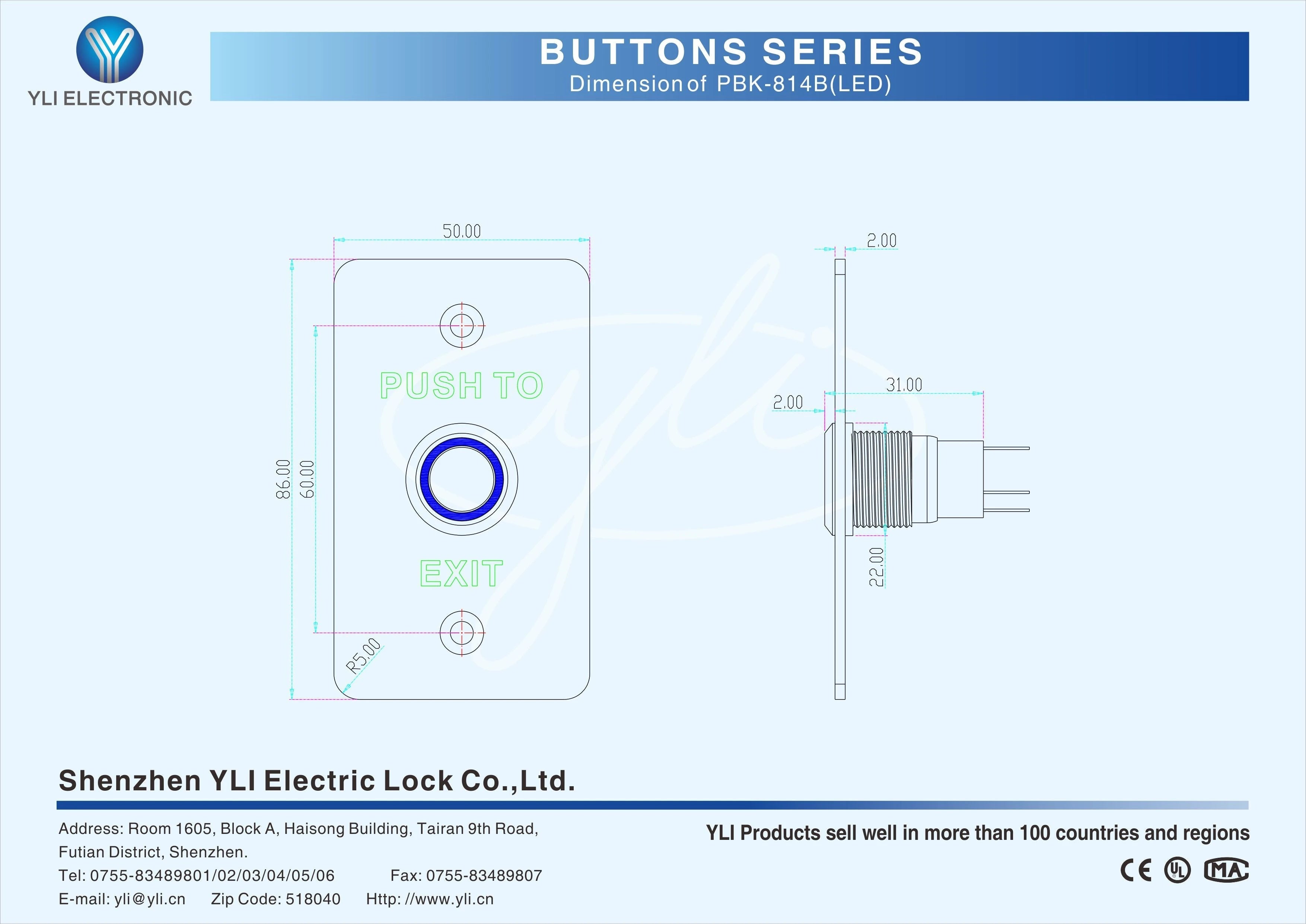 YLI PBK814BLED - BOTON LIBERADOR DE PUERTA DE ACERO INOXIDABLE CON LUZ LED AZUL / SALIDAS NO Y NC REQUIERE CAJA DE INSTALACION CLAVE 76017-Tarjetas y Botones-YLI ELECTRONIC-Bsai Seguridad & Controles
